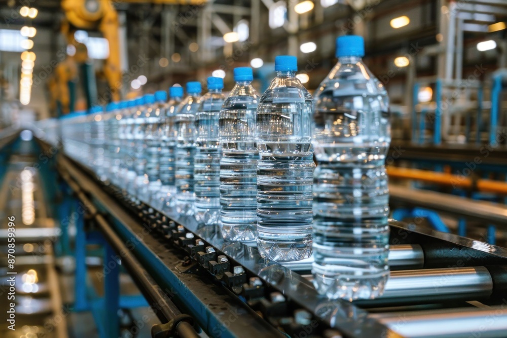 Plastic bottles on a conveyor belt for packing in a drinking water factory Plastic bottle production process Plastic bottles on a conveyor belt for packing in a drinking water factory Plastic bottle production process
