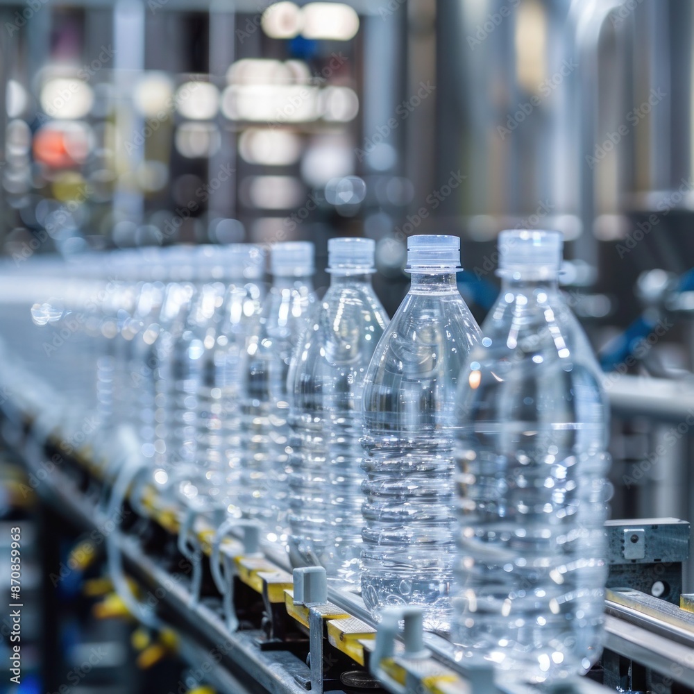 Various plastic bottles with injection molded background Drinking water production process concept Various plastic bottles with injection molded background Drinking water production process concept
