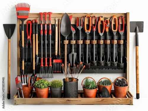 Gardening tools and supplies on a wooden shelf, white background