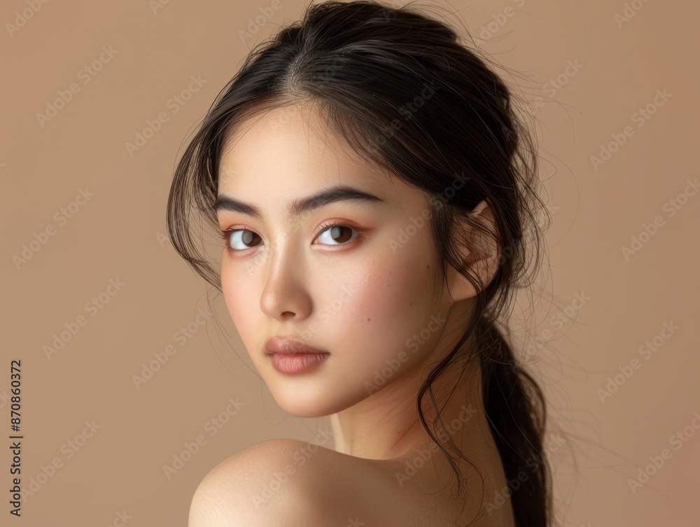 Portrait beautiful young woman with clean face on beige Portrait beautiful young woman with clean face on beige
