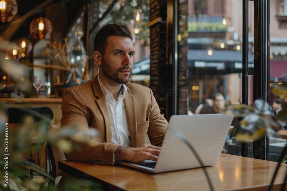 Careful businessman working with laptop in cafe Careful businessman working with laptop in cafe