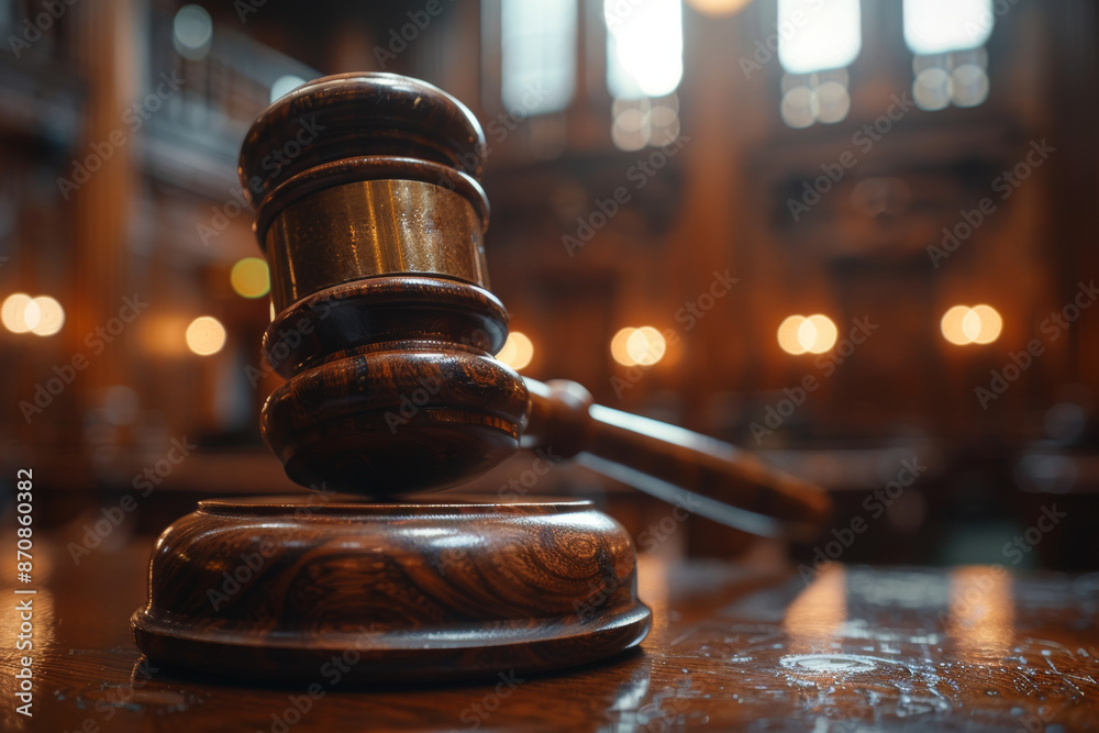 Close Up of Wooden Gavel in Judicial Courtroom with Warm Lighting for Legal and Justice Context Close Up of Wooden Gavel in Judicial Courtroom with Warm Lighting for Legal and Justice Context
