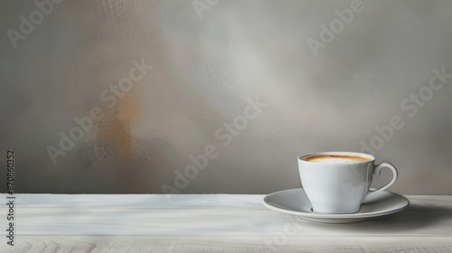 White ceramic cup of frothy cappuccino on saucer on light wooden table with gray textured background