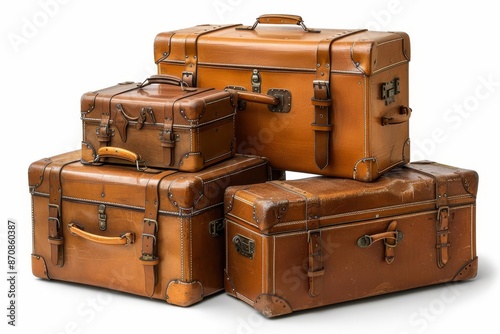 A stack of five vintage brown leather suitcases with metal hardware, isolated on a white background, white background