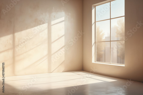 A digital painting of a realistic and minimalistic setting where light, seeping in through blurred windows, jumps onto a wallpaper textured with an overlay of soft shadows, underlining the simplicity