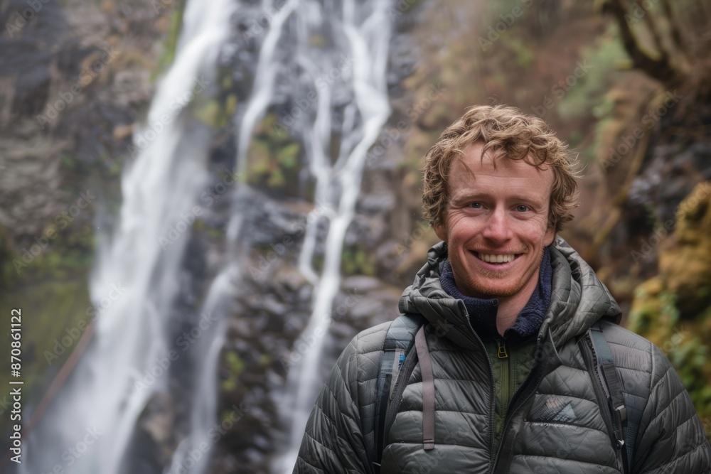 Portrait of a smiling caucasian man in his 30s sporting a quilted insulated jacket isolated in backdrop of a spectacular waterfall Portrait of a smiling caucasian man in his 30s sporting a quilted insulated jacket isolated in backdrop of a spectacular waterfall