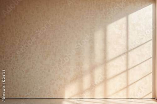 Realistic and minimalist blurred natural light windows, shadow overlay on wall paper texture, abstract background. Minimal abstract light beige background for product presentation