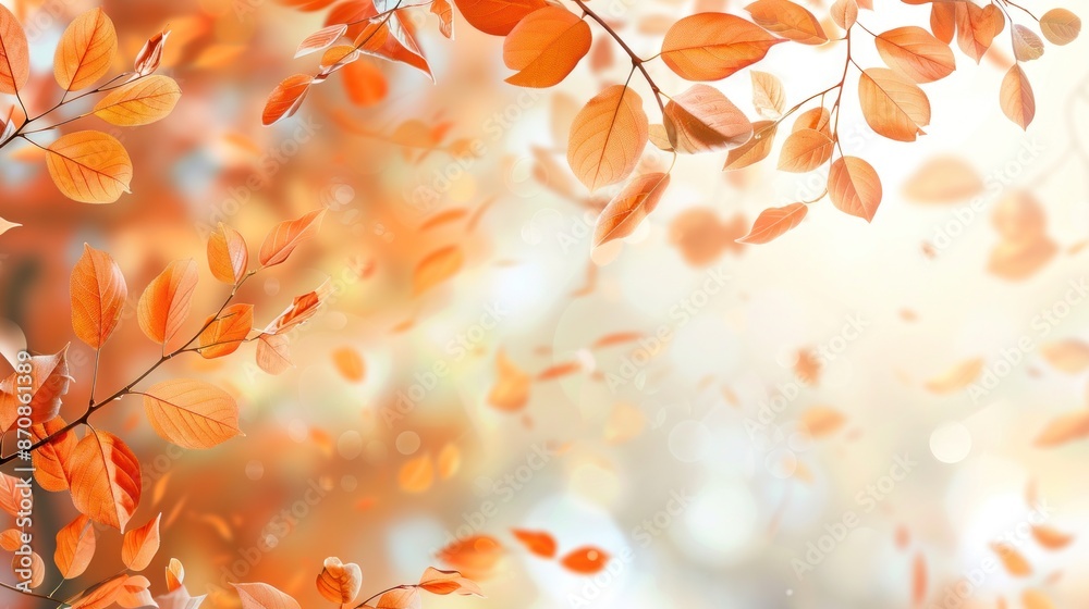 A close-up view of sunlight shining on the fallen leaves of a tree, a small banner of gaussian blur orange thin autumn flowers. Ai generated image A close-up view of sunlight shining on the fallen leaves of a tree, a small banner of gaussian blur orange thin autumn flowers. Ai generated image