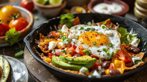Fresh breakfast skillet with sunny-side-up egg, avocados, beans, tomatoes, onions, cheese, and herbs