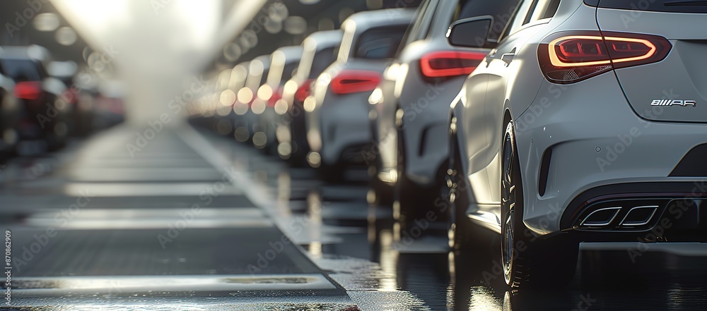 A white car is lined up, exposed to light from the front, the picture is taken from the back A white car is lined up, exposed to light from the front, the picture is taken from the back