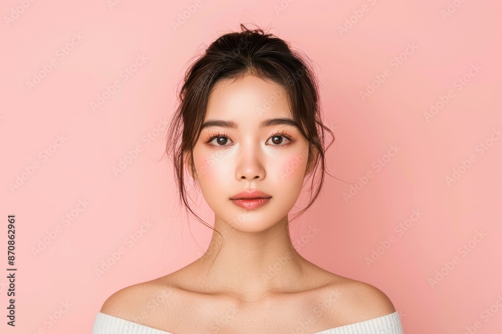 Portrait of a young woman with natural makeup against a pink background, showcasing clean beauty and modern fashion style. Portrait of a young woman with natural makeup against a pink background, showcasing clean beauty and modern fashion style.