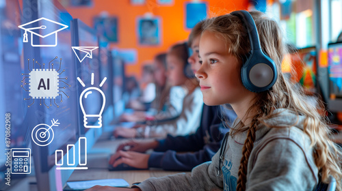 Children in a computer classroom at school using computers and artificial intelligence, AI, to improve their educational development. Technology and innovation in school.