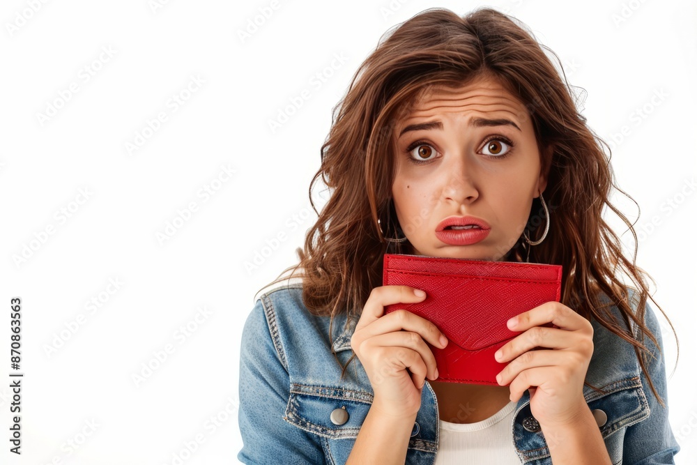 A frustrated woman holding an empty red wallet in a store, expressing financial stress and disappointment. A frustrated woman holding an empty red wallet in a store, expressing financial stress and disappointment.