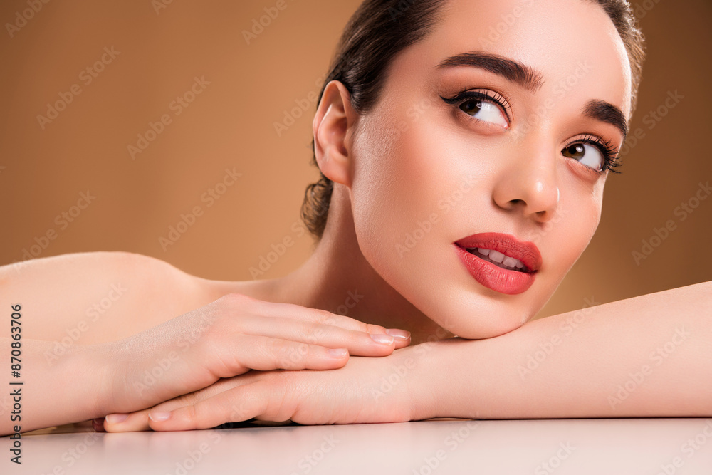 Photo of attractive girl lying table look up having glamour make up isolated pastel color background Photo of attractive girl lying table look up having glamour make up isolated pastel color background
