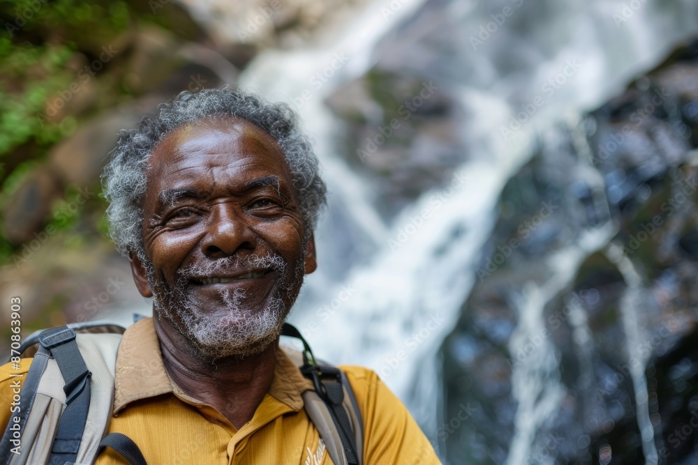 Portrait of a smiling afro-american man in his 60s sporting a breathable hiking shirt in front of backdrop of a spectacular waterfall Portrait of a smiling afro-american man in his 60s sporting a breathable hiking shirt in front of backdrop of a spectacular waterfall