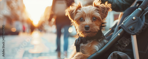 High-resolution 8k image of a tiny puppy sitting contentedly in a pet stroller, set against a city street backdrop with studio lighting photo