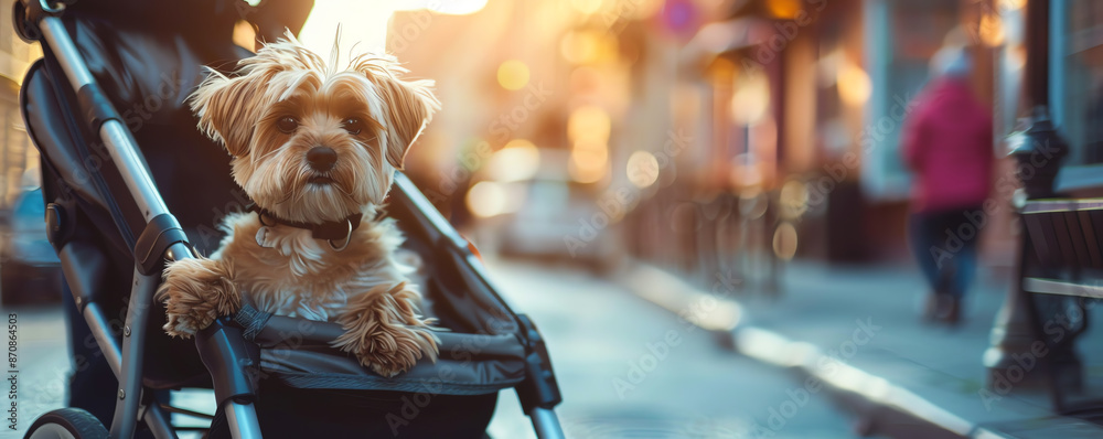 Ultra-realistic 8k image of a small dog sitting in a stylish pet stroller, enjoying a city street scene with its owner close by, studio lighting Ultra-realistic 8k image of a small dog sitting in a stylish pet stroller, enjoying a city street scene with its owner close by, studio lighting