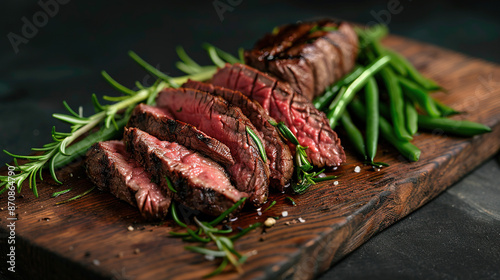 Spiced raw beef steaks on a wooden chopping board background. Sliced beef roast on a wooden board with green beans and rosemary against a wooden background. Steak dish. Copy space area for text