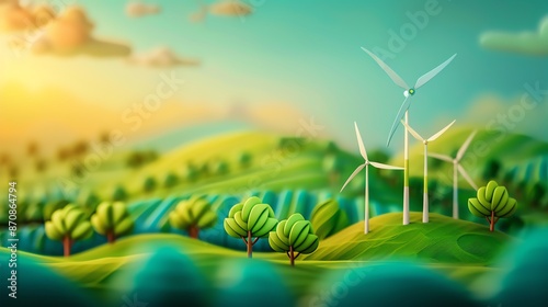 Renewable energy plant with wind turbines and solar panels, innovation, green growth photo