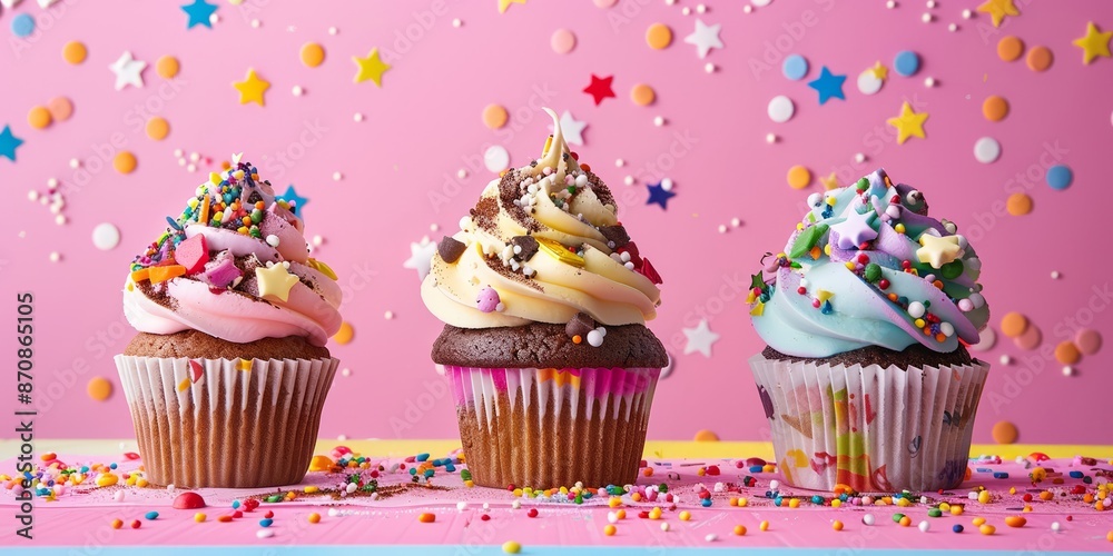 Colorful cupcakes with vibrant sprinkles on a whimsical pink background Colorful cupcakes with vibrant sprinkles on a whimsical pink background