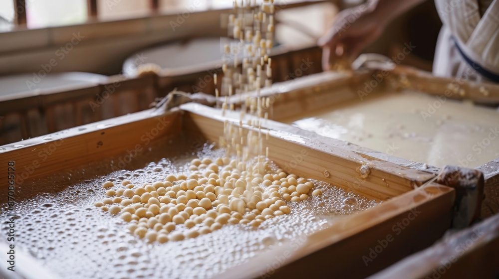 Traditional Japanese Tofu Production, Fresh Soybeans Being Processed in Wooden Trays Traditional Japanese Tofu Production, Fresh Soybeans Being Processed in Wooden Trays