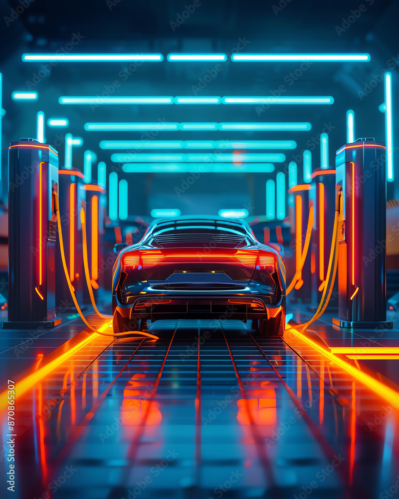 Fototapeta premium Electric car charging at a futuristic station, advancement, sustainable growth