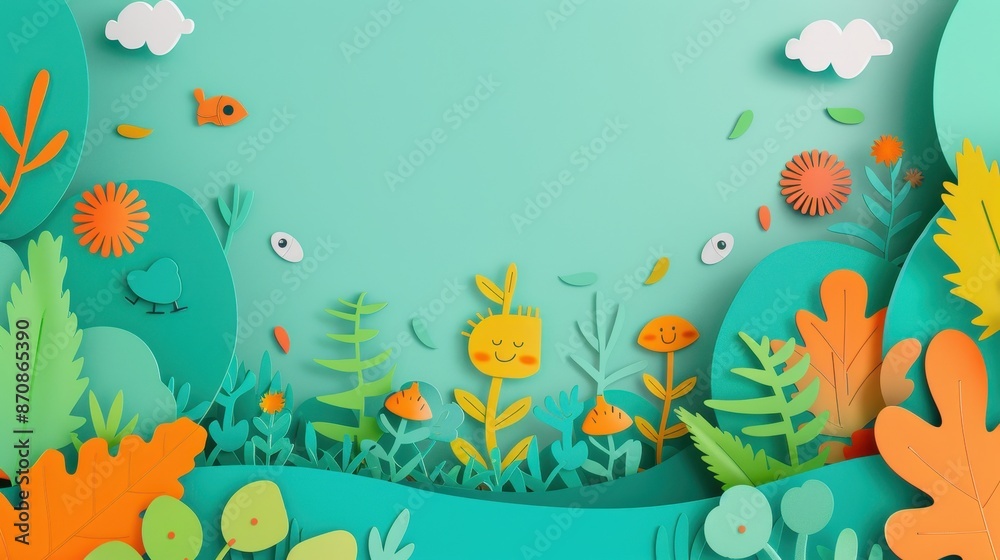 Colorful paper art of a vibrant garden with plants, flowers, and clouds against a teal background.