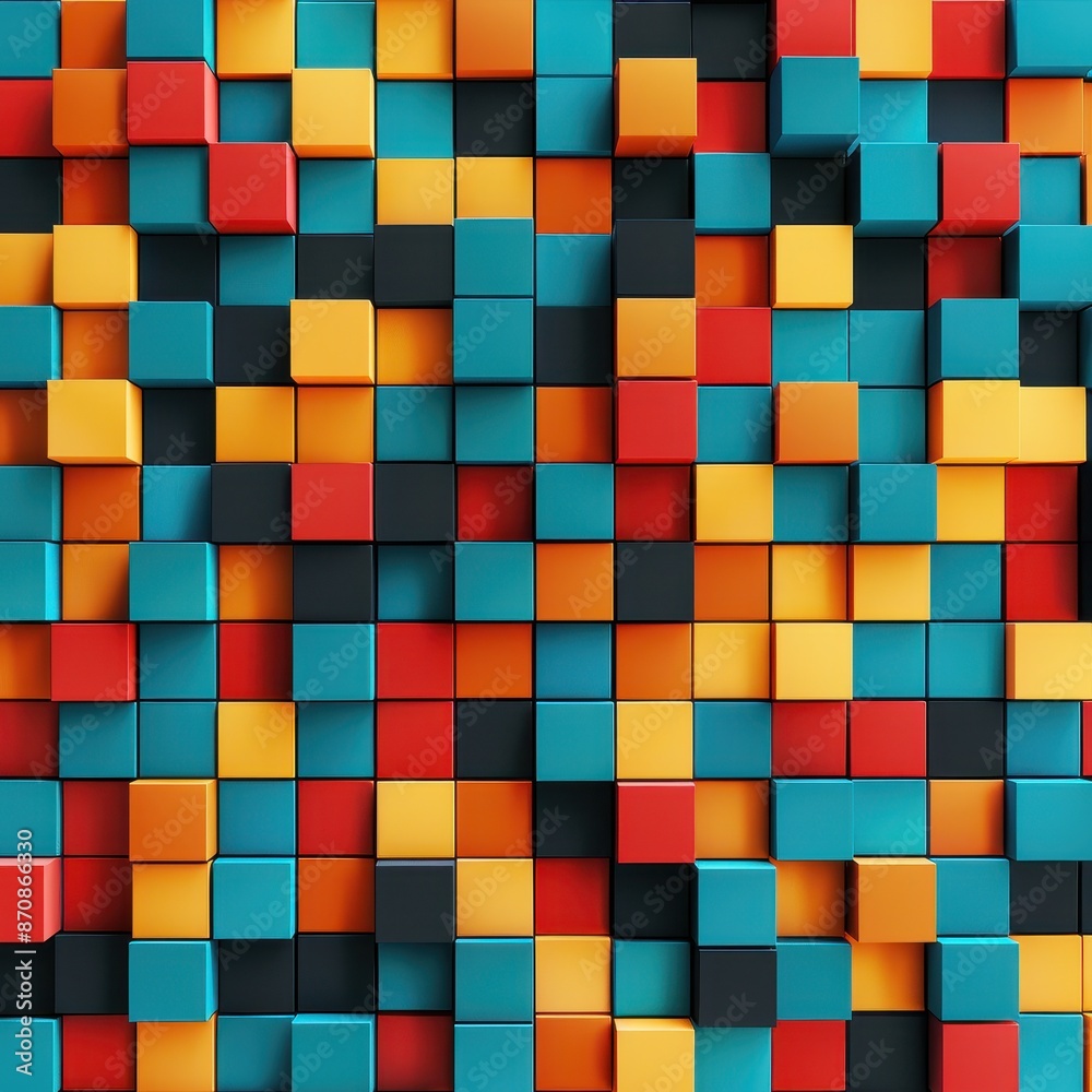 Colorful block pattern with vibrant red, yellow, and blue cubes creating a dynamic, abstract visual texture. Colorful block pattern with vibrant red, yellow, and blue cubes creating a dynamic, abstract visual texture.