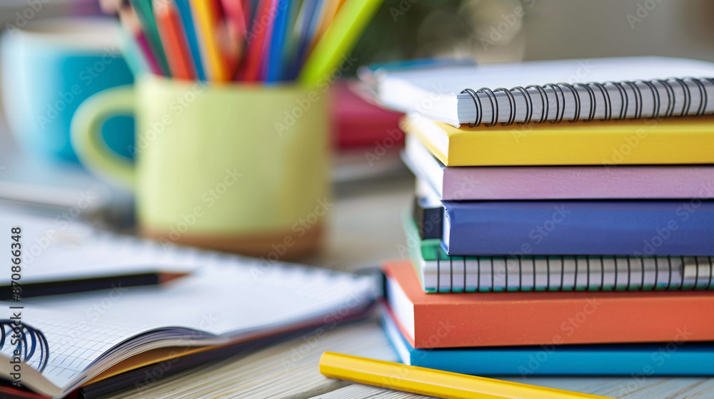A cup with stationery on notebooks, perfect for work or study A cup with stationery on notebooks, perfect for work or study