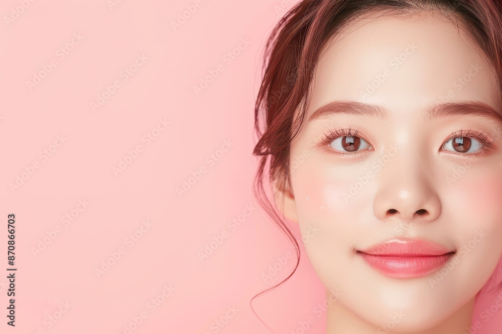 Fototapeta premium Close-up portrait of a young woman with smooth skin and natural makeup smiling against a pink background.