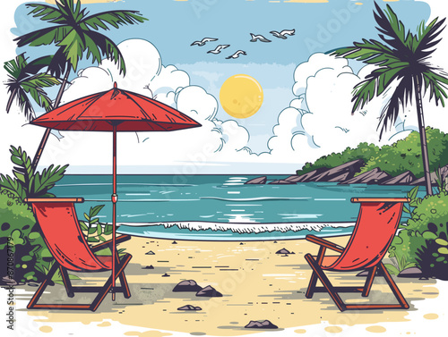A beach scene with two red chairs and an umbrella. The chairs are facing the ocean and the umbrella is open. Scene is relaxing and peaceful
