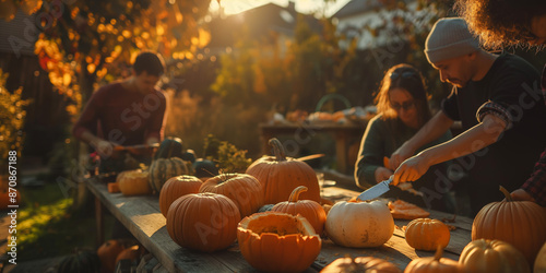 Friends Carving Pumpkins Outdoors in Sunset Autumn Garden for Halloween Festivities photo