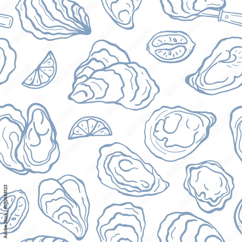Hand drawn monochrome oyster and lemons seamless pattern Hand drawn monochrome oyster and lemons seamless pattern