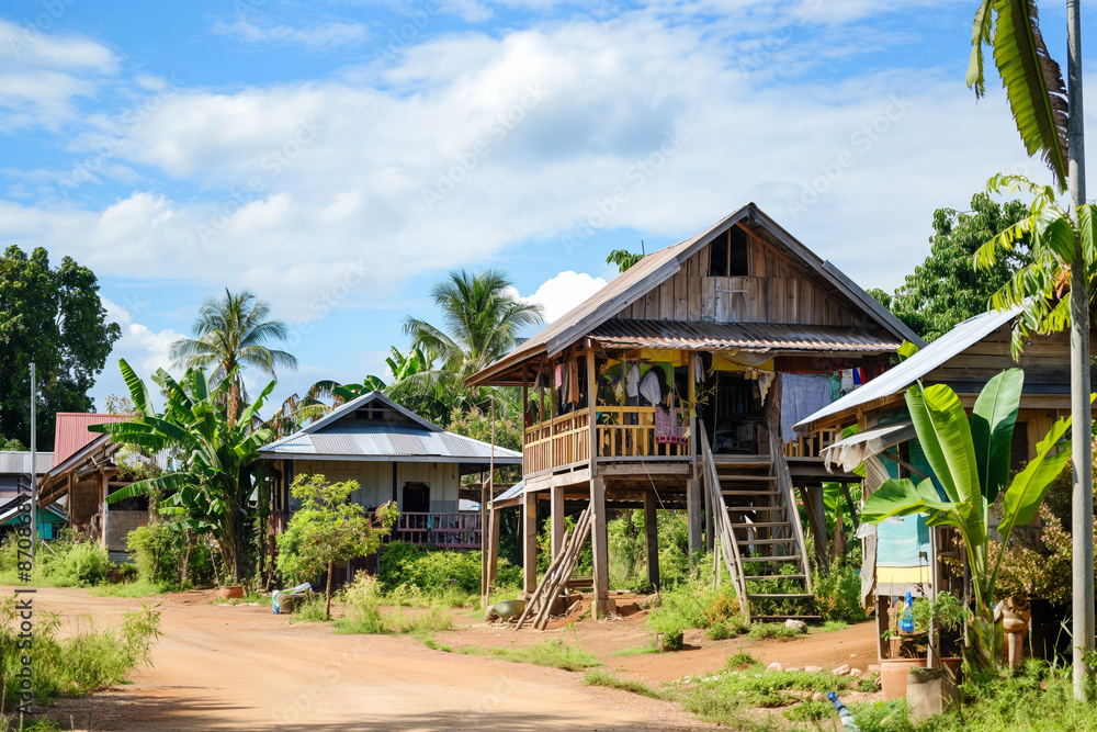 Elevated Wooden Houses in Tropical Village Surrounded by Lush Greenery on a Sunny Day Elevated Wooden Houses in Tropical Village Surrounded by Lush Greenery on a Sunny Day