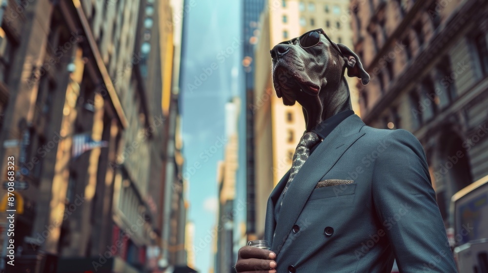 A person wearing a suit has a dog sitting on their head A person wearing a suit has a dog sitting on their head