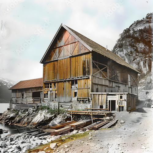a huge sawmill (saw or lumer mill) in the village og kaupanger on the northern shore of the sognefjord, sogndal, vestland, norway isolated on white background, vintage, png © Anton