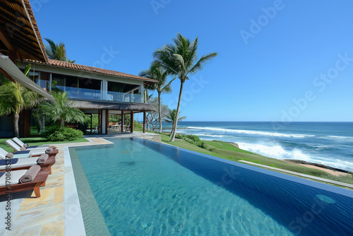 A large pool with a house and palm trees in the background photo