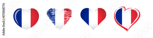 French hearts. Holiday collection. Creative badges, symbols or icons. Flag of France background with isolated clipping mask. Abstract template. Set of heart shapes. Sport or political event sign.