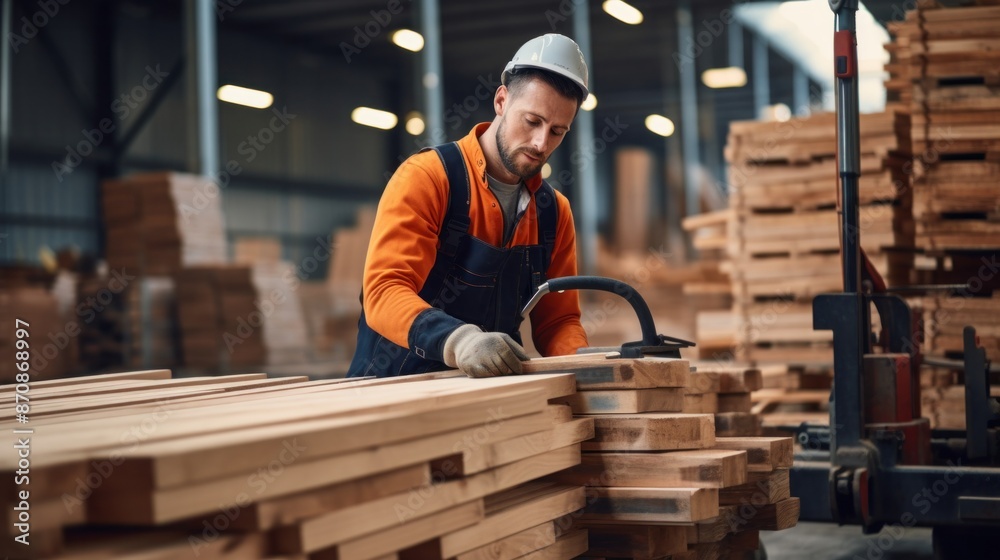 A uniformed worker places wooden planks on a pallet jack while preparing manufactured products for assembly at a furniture factory.