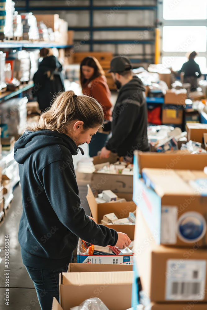 Volunteers Sorting Donations in Warehouse for Community Aid During Daytime Volunteers Sorting Donations in Warehouse for Community Aid During Daytime