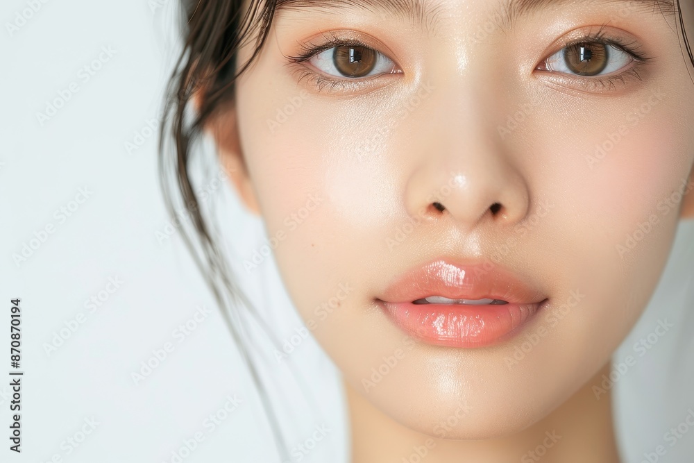 Close-up of a woman with flawless skin and natural makeup. The photo highlights skin texture and beauty. Close-up of a woman with flawless skin and natural makeup. The photo highlights skin texture and beauty.