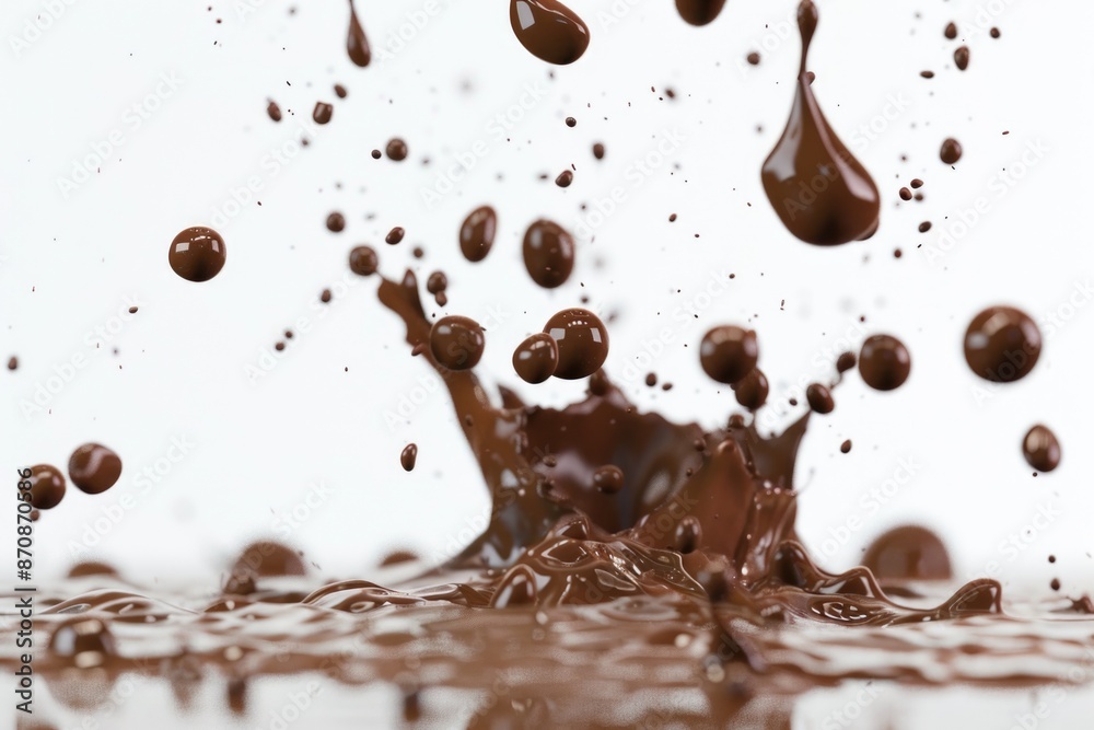 A single splash of rich chocolate on a clean white surface, ideal for food and beverage photography or as a design element A single splash of rich chocolate on a clean white surface, ideal for food and beverage photography or as a design element