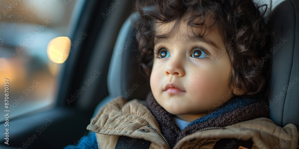 Curious Child with Curly Hair Looking Out Car Window with Wonder Curious Child with Curly Hair Looking Out Car Window with Wonder