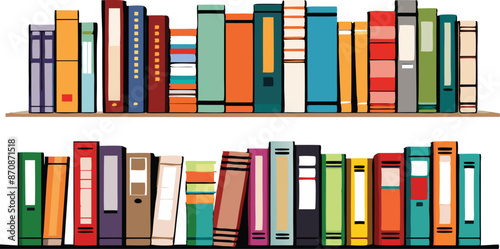 Two full bookshelves with colorful books standing in a row