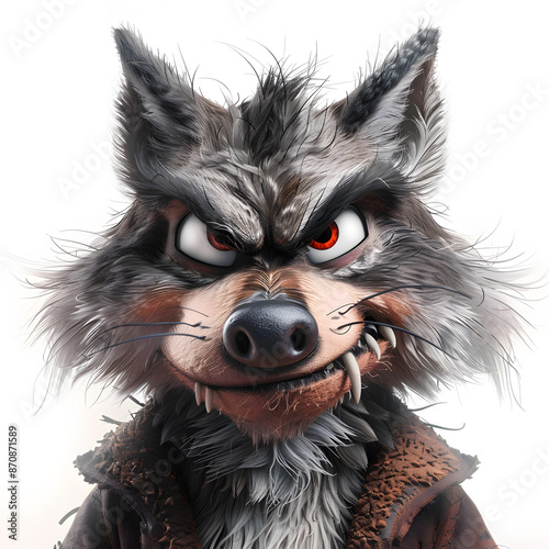 Close-up portrait of cartoon wolf with a mischievous grin. Wolf has furry, gray face with red eyes and sharp teeth, suggesting playful but slightly sinister nature. He is staring directly at  viewer photo