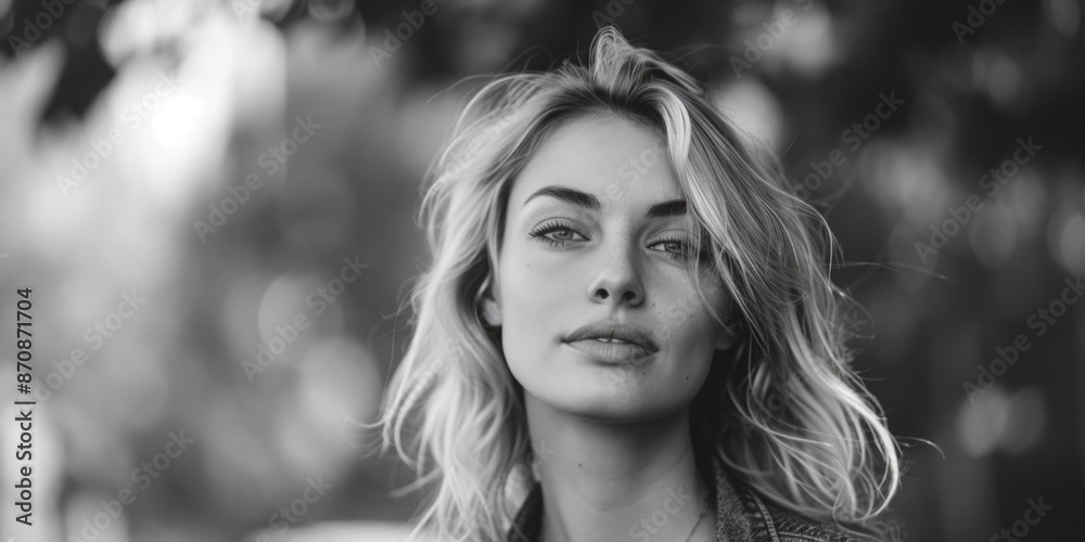 A woman's portrait in monochrome tones, with a neutral background