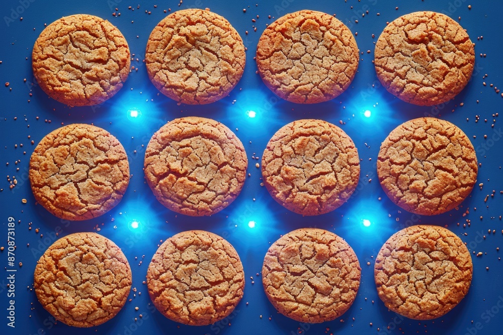 A plate with various cookies arranged on a blue surface, suitable for food photography or advertising A plate with various cookies arranged on a blue surface, suitable for food photography or advertising