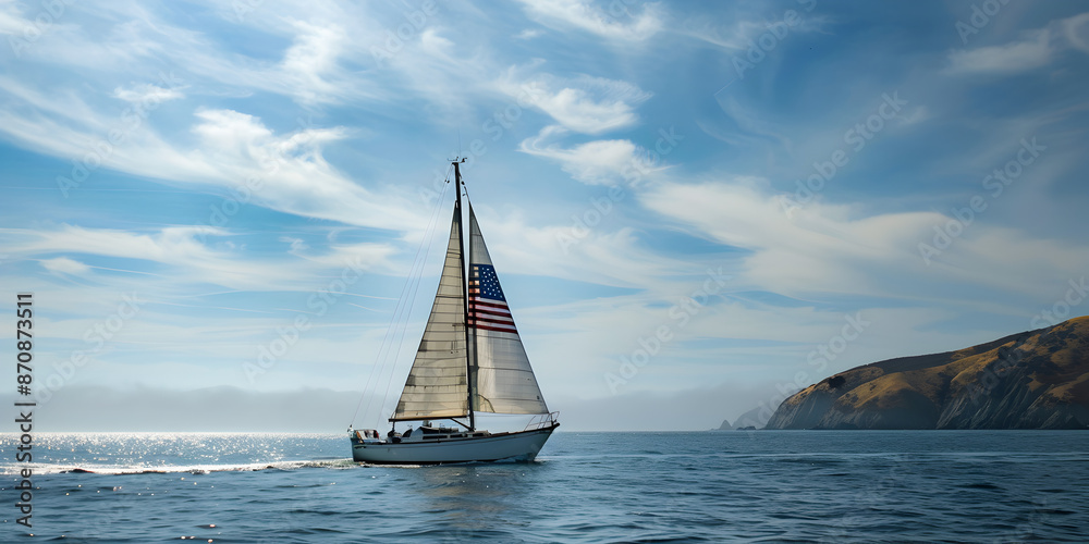 Obraz premium A sailboat with an American flag sail.