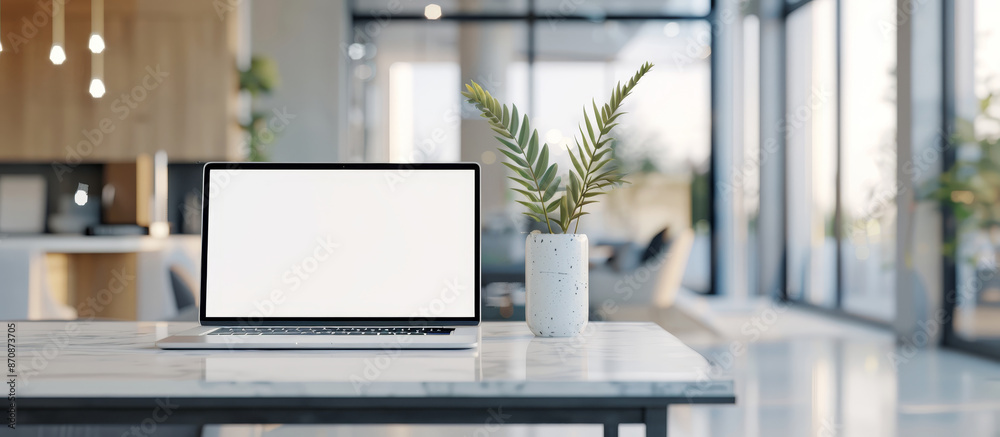 A laptop is sitting on a table in a room with a vase of green leaves next to it by AI generated image A laptop is sitting on a table in a room with a vase of green leaves next to it by AI generated image