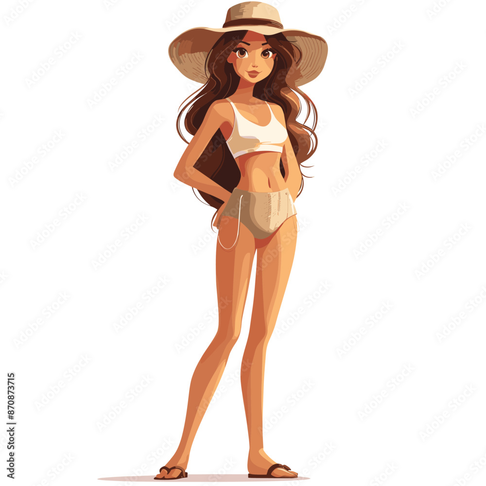 A girl wearing a straw hat and shorts is standing in front of a bunch of fruit, including watermelon and oranges